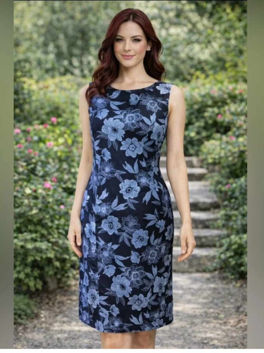 Ann Taylor Dress 10 Navy Blue Floral Sheath Sleeveless